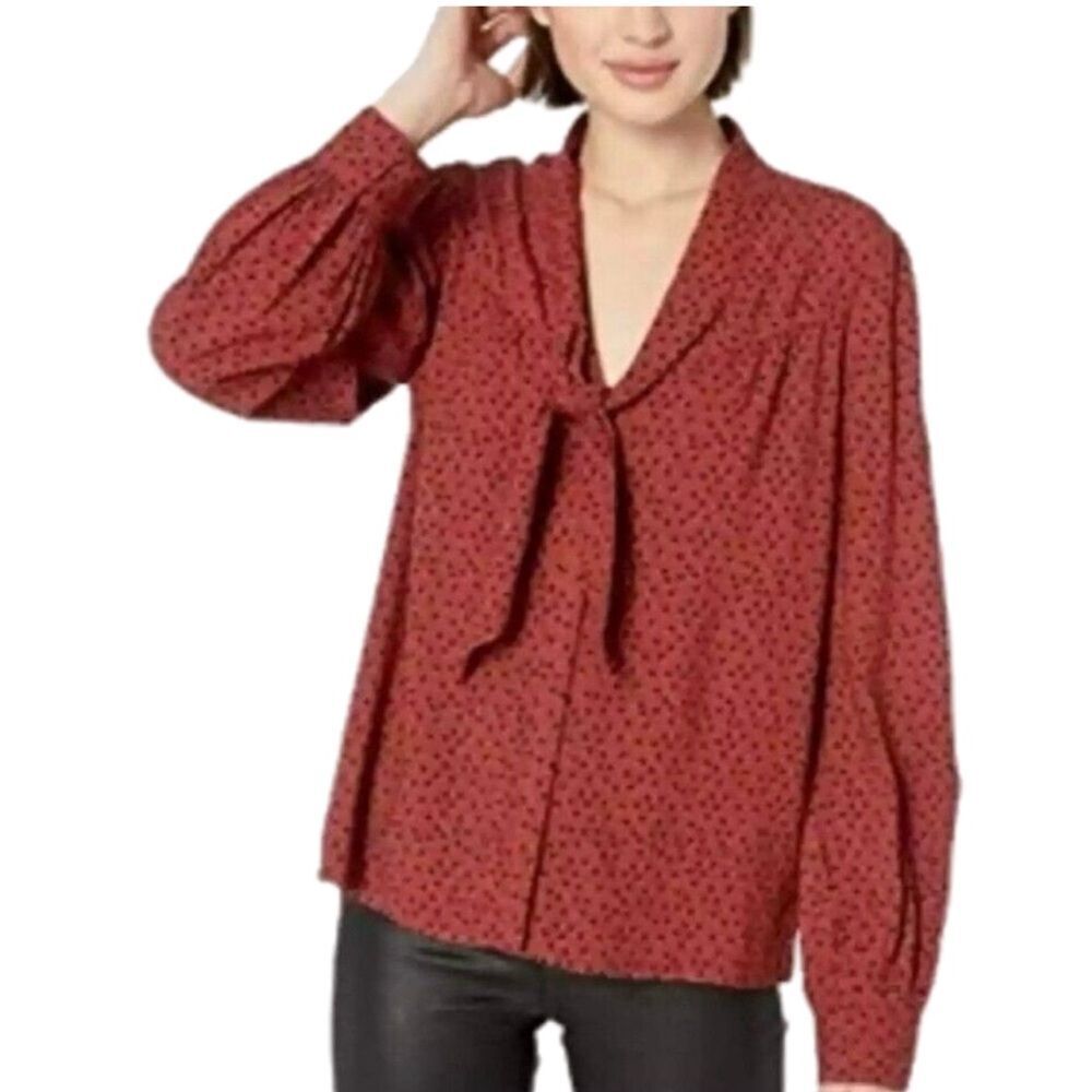NWT PAIGE Petaluma Blouse in Dark Rust / Light Mahogany Tie-neck Medium